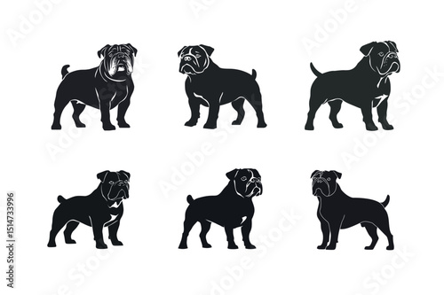 Six black silhouettes of olde english bulldogs