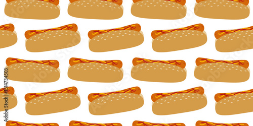 Hot Dog of sesame bun, sausage with mustard and ketchup stripes Seamless Pattern Fast Food Day fond
