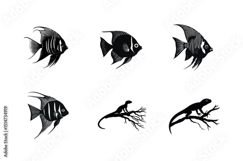 Silhouette collection of angelfish and lizards