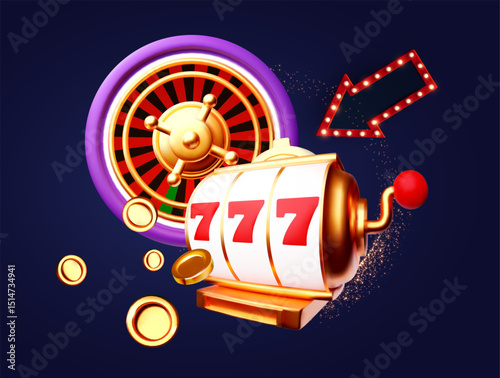 Gambling design. Roulette wheel, slot machine, playing chips, dice and poker cards. Casino advertising template. Mobile game