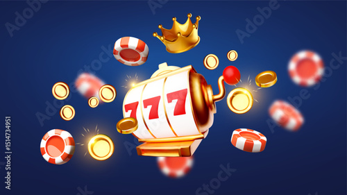 Gambling design. Slot machine. pocker chips, crown and money, golden coins. Casino advertising template. Mobile game.