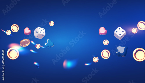 Gambling design. Playing chips, golden coins, card suits and light effect. Casino advertising template. Mobile game.