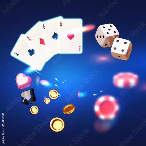 Gambling design. Roulette wheel, slot machine, playing chips, dice and poker cards. Casino advertising template. Mobile game
