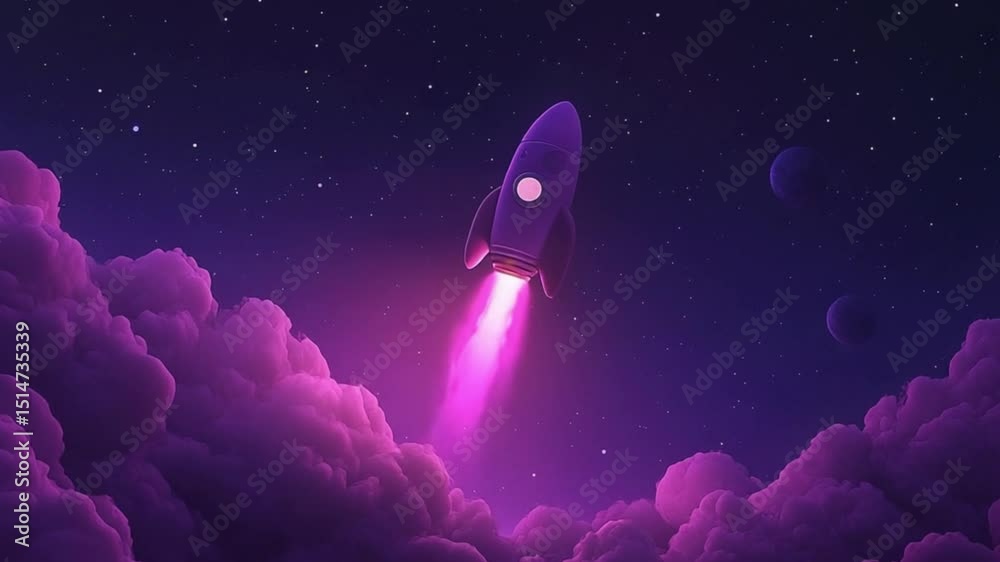 Purple rocket ship launching into a night sky filled with stars and clouds Purple rocket ship launching into a night sky filled with stars and clouds