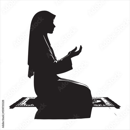 Black silhouette of a person in prayer (Salah), standing with hands folded, on a pure white background 