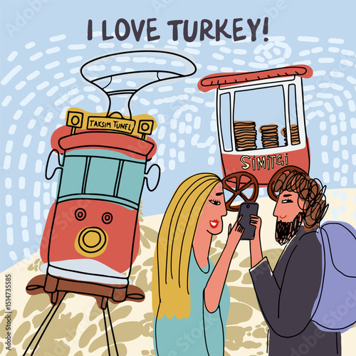 Card, invitation, Couple walking, sightseeing in Turkey, childish style, hand drawn, line drawing, texture. Vector illustration.