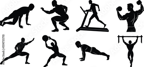 Fitness and Gym Activity Silhouettes set, vector design bundle
