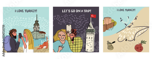 Postcards, cards set, collection with sights of Turkey, Istanbul, symbols, couple of tourists. Hand drawn line vector illustration.