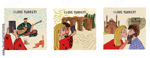 Postcards, cards set, collection with sights of Turkey, Istanbul, symbols, couple of tourists. Hand drawn line vector illustration.