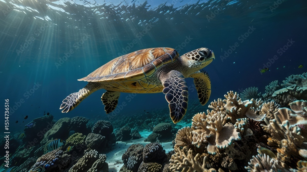 Obraz premium Sea Turtle Swimming Near Coral Reefs