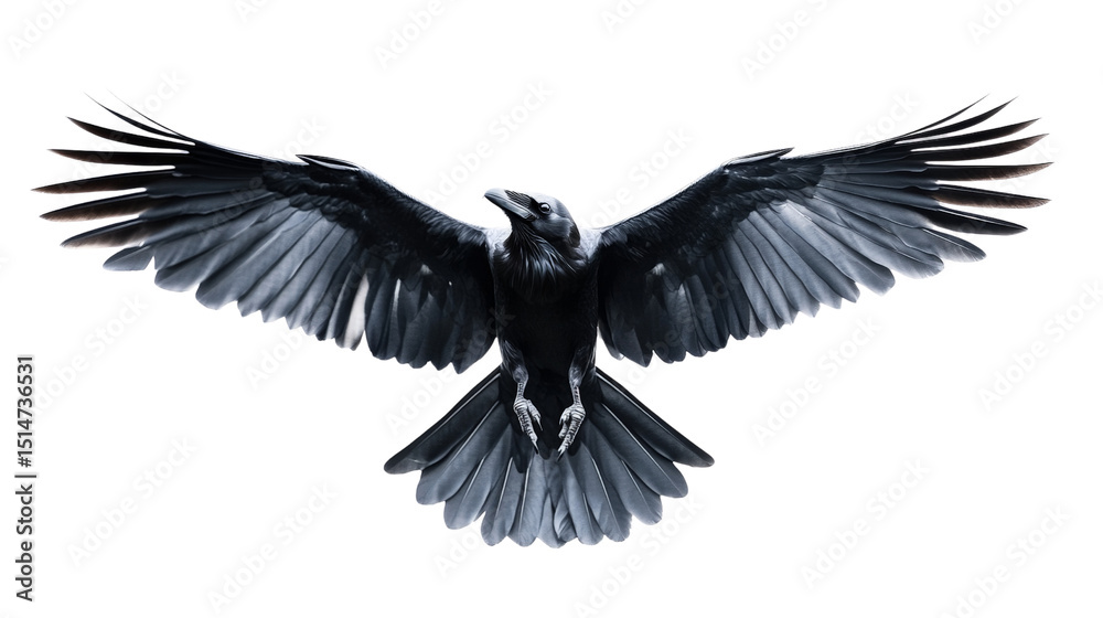 Fototapeta premium A sleek raven flying through the sky, its wings spread wide, Transparent background, PNG file