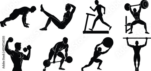 Fitness and Gym Activity Silhouettes set, vector design bundle

