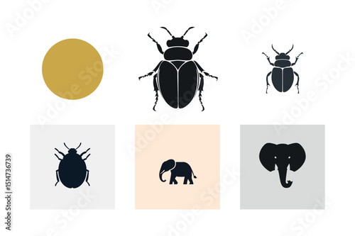 Simple silhouettes of beetles elephants and circle