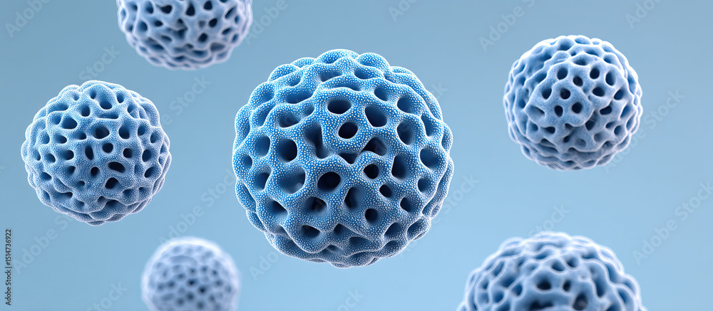 Porous blue spherical virus particles floating in soft blue background, showing detailed surface texture and structure Porous blue spherical virus particles floating in soft blue background, showing detailed surface texture and structure