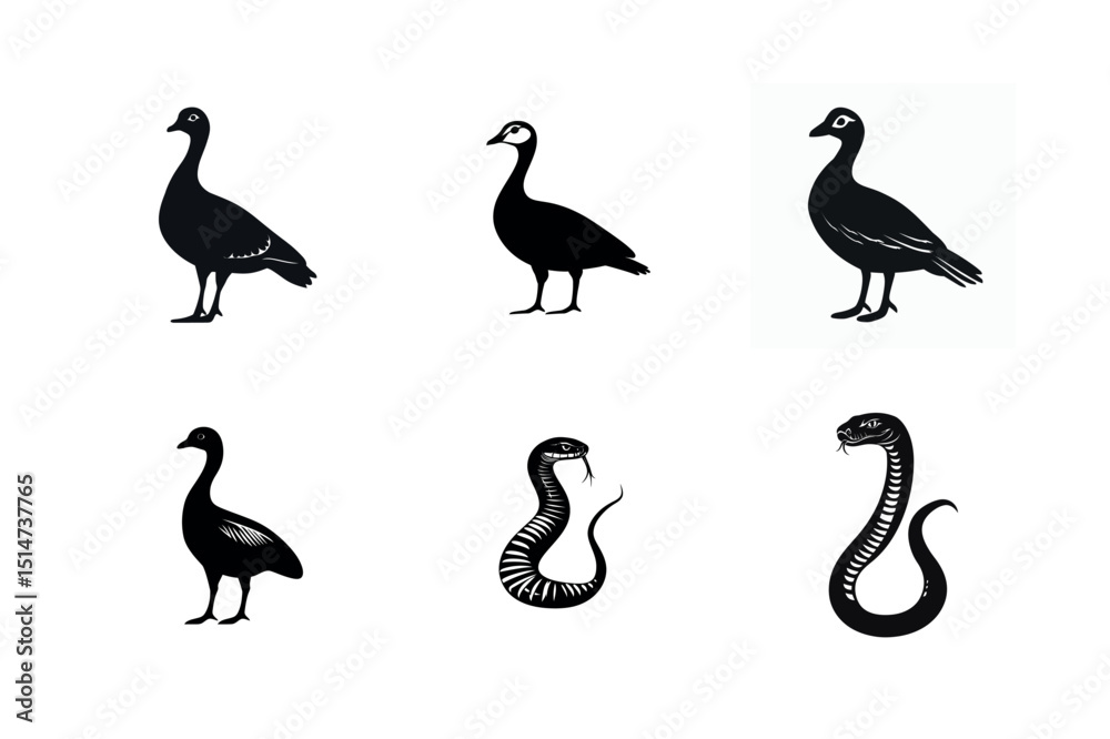 Obraz premium Goose and snake silhouettes black and white illustrations