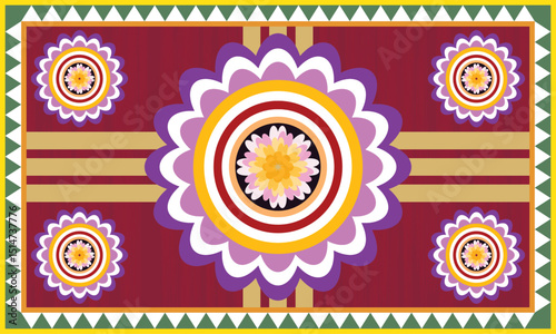 green and white triangle border carpet pattern has a pattern arranged in a row and in the middle of the there are beautiful arranged in an orderly manner. fabric patterns, vectors, red background