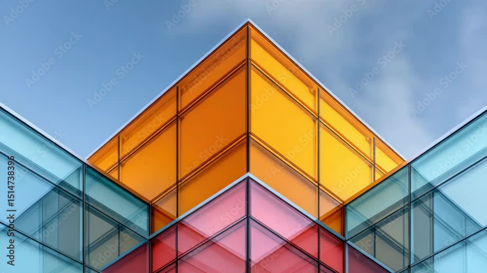 Vibrant geometric patterns of colorful translucent glass create a striking architectural feature against the sky.