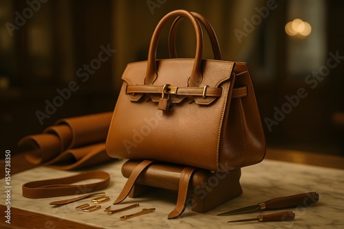 Handcrafted Leather Handbag in Progress on Wooden Saddle Stand, AI generated