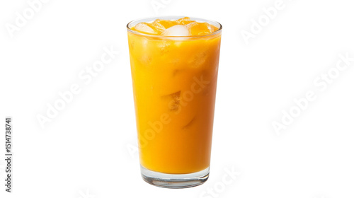 A tall glass of Thai iced tea with milk and ice, Transparent background, PNG file