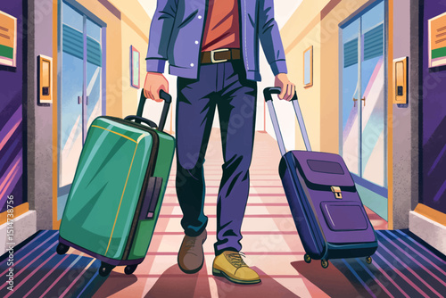Male is carrying luggage in hall before trip illustration vector