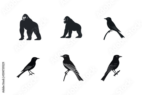 Gorilla and bird silhouettes set graphic design