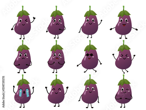 cute Eggplant vagetable clipart face expression fruit cartoon food character kawaii