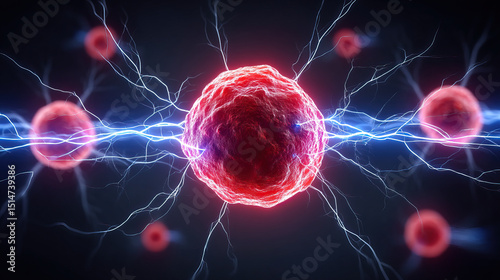 Electric energy flows around glowing red cell, illustrating dynamic power and biological connection in dark background