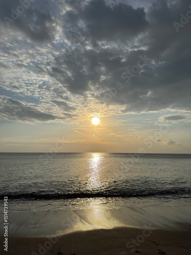 A serene scene of a golden sunset reflecting on the calm ocean surface with gentle waves lapping the shore.
