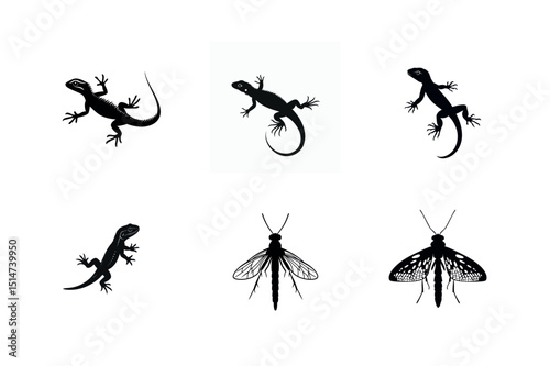 Silhouette collection lizards insects bugs