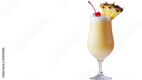 A tropical colada with a pineapple slice and cherry garnish, served in a tall glass, Transparent background, PNG file