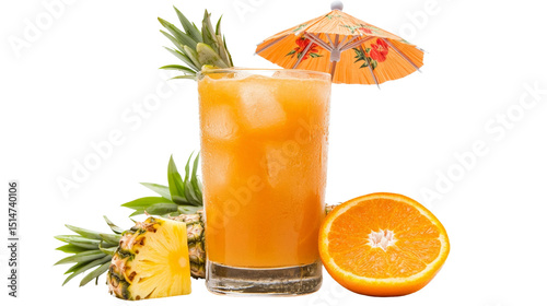 A tropical mai tai cocktail with pineapple, orange juice, and rum, served with a cocktail umbrella, Transparent background, PNG file