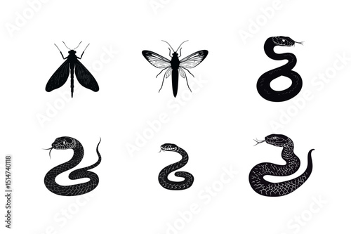 Silhouette set insects and snakes graphic design