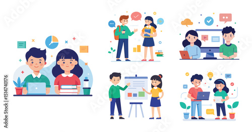 A boy and a Girl studying and learning with books and a computer, Flat design vector illustration with white background