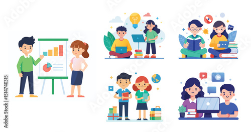 A boy and a Girl studying and learning with books and a computer, Flat design vector illustration with white background