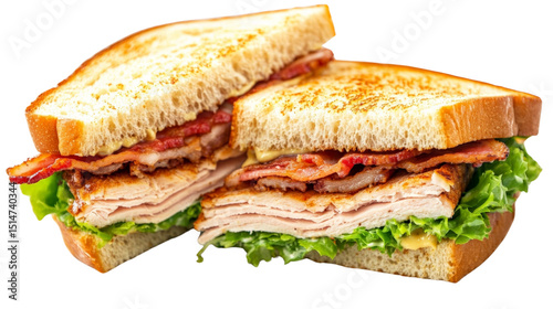 A turkey club sandwich with layers of turkey, bacon, and lettuce, Transparent background, PNG file