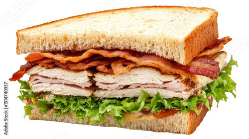 A turkey club sandwich with layers of turkey, bacon, and lettuce, Transparent background, PNG file