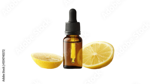 A vial of lemon essential oil with a dropper, Transparent background, PNG file