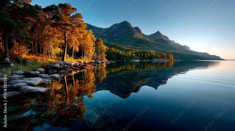 Fototapeta premium Sunset reflection on serene lake amidst majestic mountains nature photography tranquil environment wide angle view