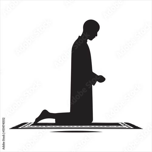 Black silhouette of a person in prayer (Salah), standing with hands folded, on a pure white background 
