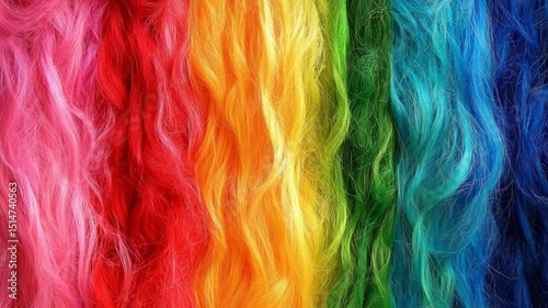 Colorful strands of hair dyed in a rainbow spectrum arrangement.