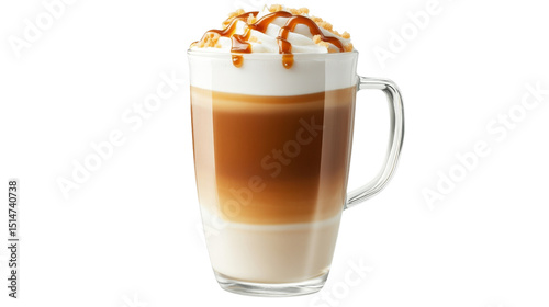 A warm latte macchiato with a swirl of caramel, served in a tall glass with a handle, Transparent background, PNG file