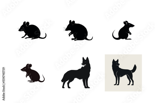 Silhouette set of mice and dogs