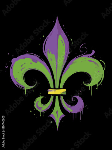 Mardi Gras fleur de lis, green and purple paint on black background 