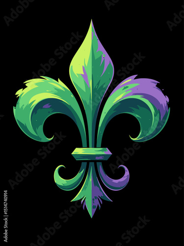 Mardi Gras fleur de lis, green and purple paint on black background 