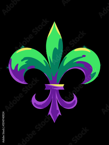 Mardi Gras fleur de lis, green and purple paint on black background 