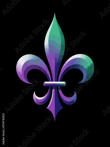 Mardi Gras fleur de lis, green and purple paint on black background 