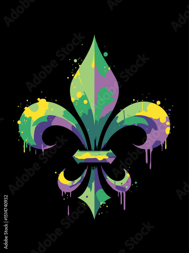 Mardi Gras fleur de lis, green and purple paint on black background 