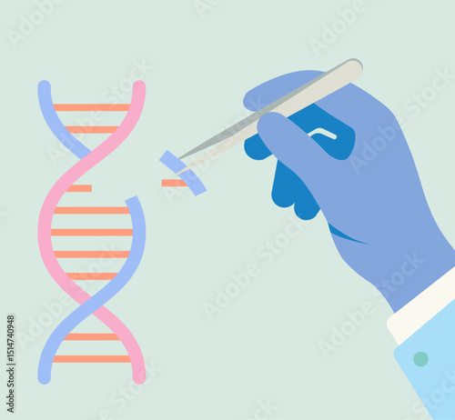 Illustration depicting genetic engineering or gene editing, with a hand in a glove holding tweezers to modify a DNA double helix. Concept for biotechnology and science.