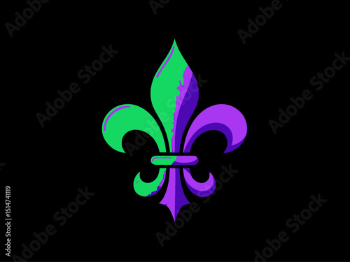 Mardi Gras fleur de lis, green and purple paint on black background 