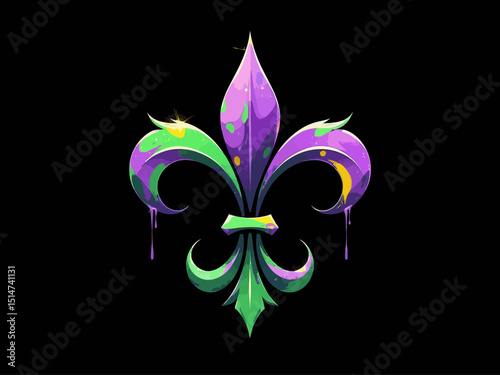 Mardi Gras fleur de lis, green and purple paint on black background 